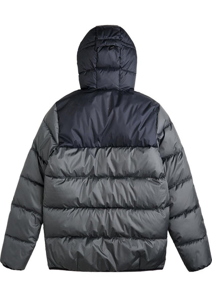 Vissla North Seas II puffer jacket in charcoal gray recycled fabric, quilted horizontal panels and attached hood.