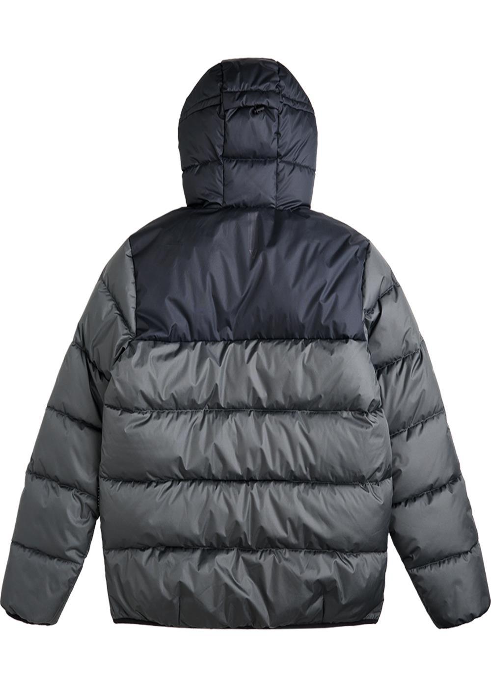 Vissla North Seas II puffer jacket in charcoal gray recycled polyester, with a hood and horizontal quilted padding.