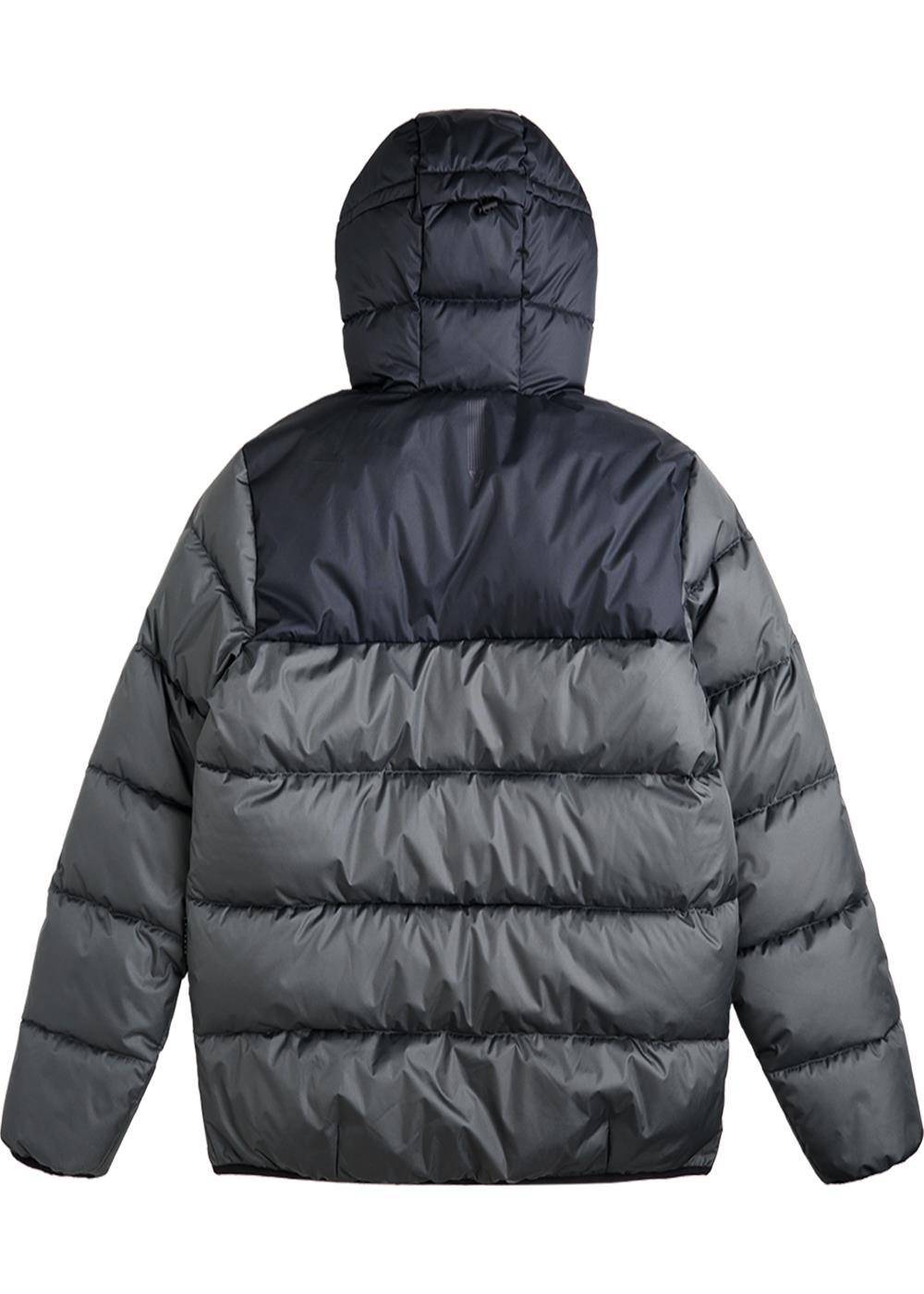 Vissla North Seas II Eco puffer jacket in dark gray recycled polyester, with a quilted design, padded hood and elastic cuffs.