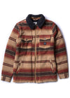 Vissla Buffalo Jacket in brown striped woven fabric, with a dark corduroy collar, chest flap pockets and front zip closure.