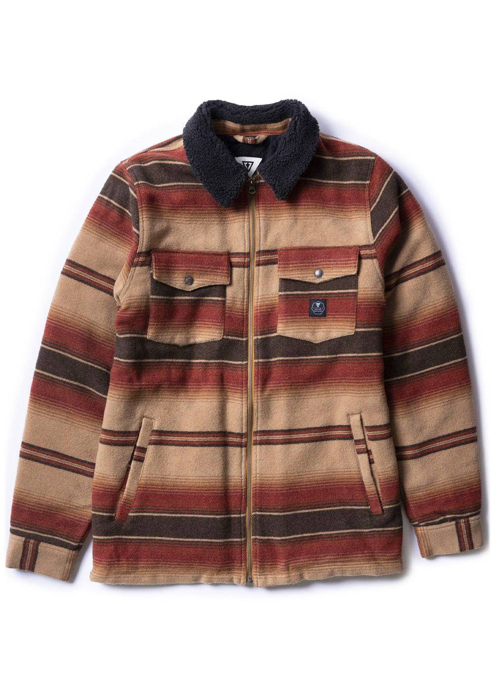 Vissla Buffalo Jacket in brown striped woven fabric, with a dark corduroy collar, chest flap pockets and front zip closure.