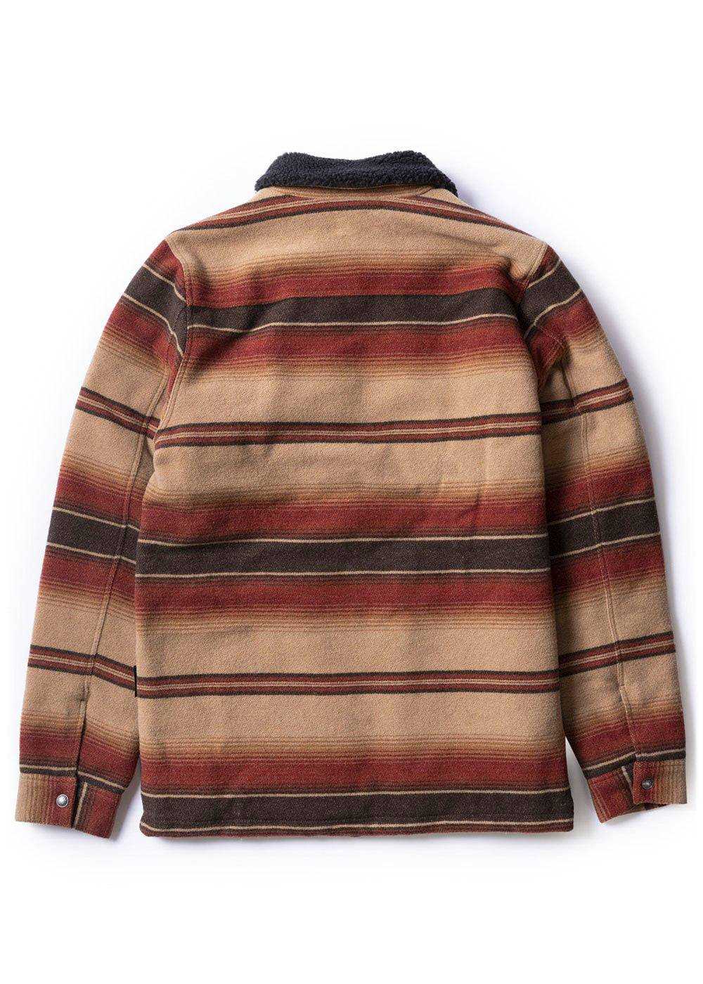 Vissla Buffalo Jacket in a woven wool-blend fabric, with broad horizontal brown, tan and rust stripes and a dark collar.