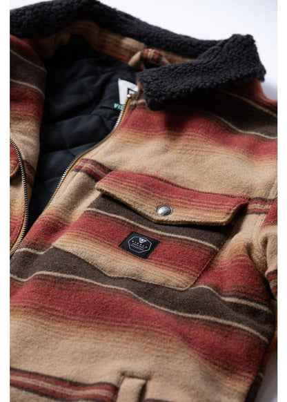 Vissla Buffalo Jacket in tan wool-blend fabric with red and brown stripes, black sherpa collar, zip front and chest pocket.