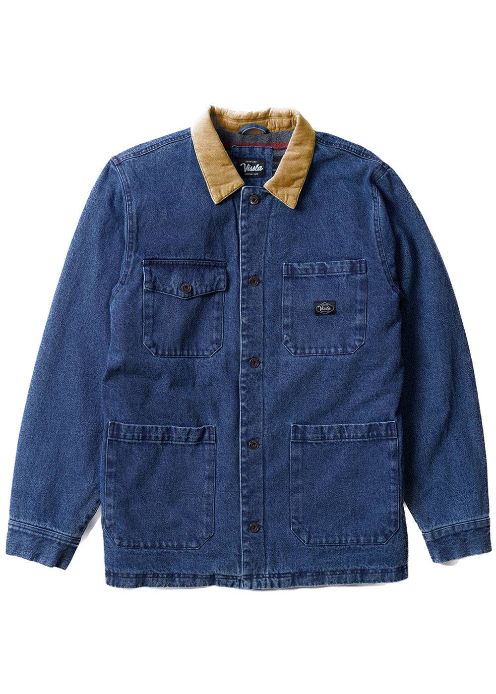 Vissla Peterson Jacket in blue cotton denim with a tan corduroy collar, button front, and four patch pockets.
