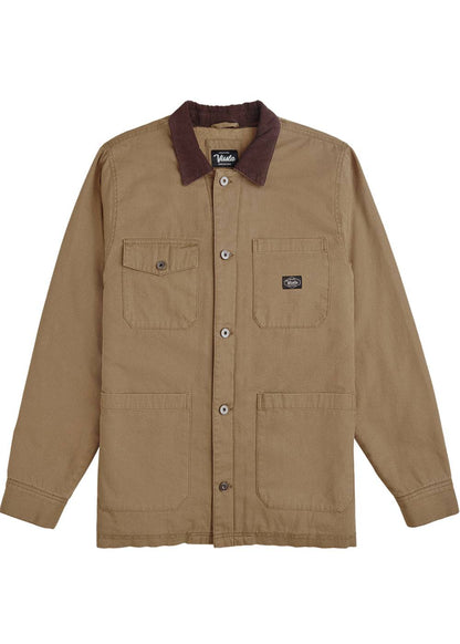 Vissla Peterson Jacket in tan cotton canvas with a dark brown corduroy collar, button front and four pockets.