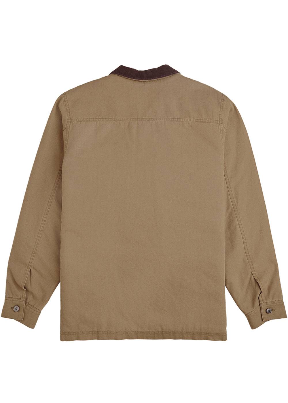Vissla Peterson Jacket in tan cotton canvas, shown from the back with a dark contrast corduroy collar and button cuffs.