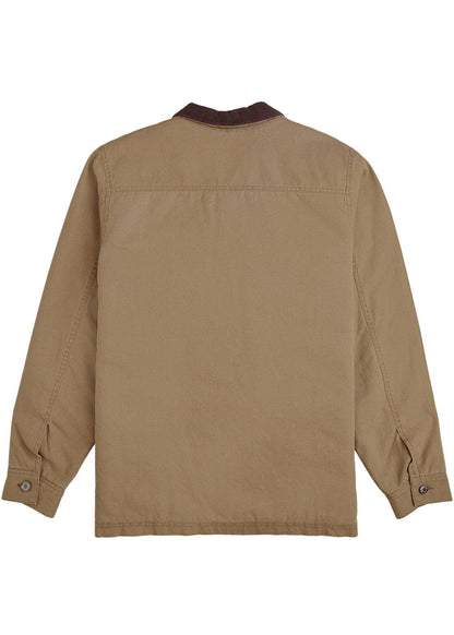 Vissla Peterson Jacket in tan cotton canvas, shown from the back with a dark contrast corduroy collar and button cuffs.