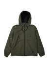 Vissla Kanen Reversible Jacket in dark olive polyester, with a hood, front zip, drawcords and quilted panels.