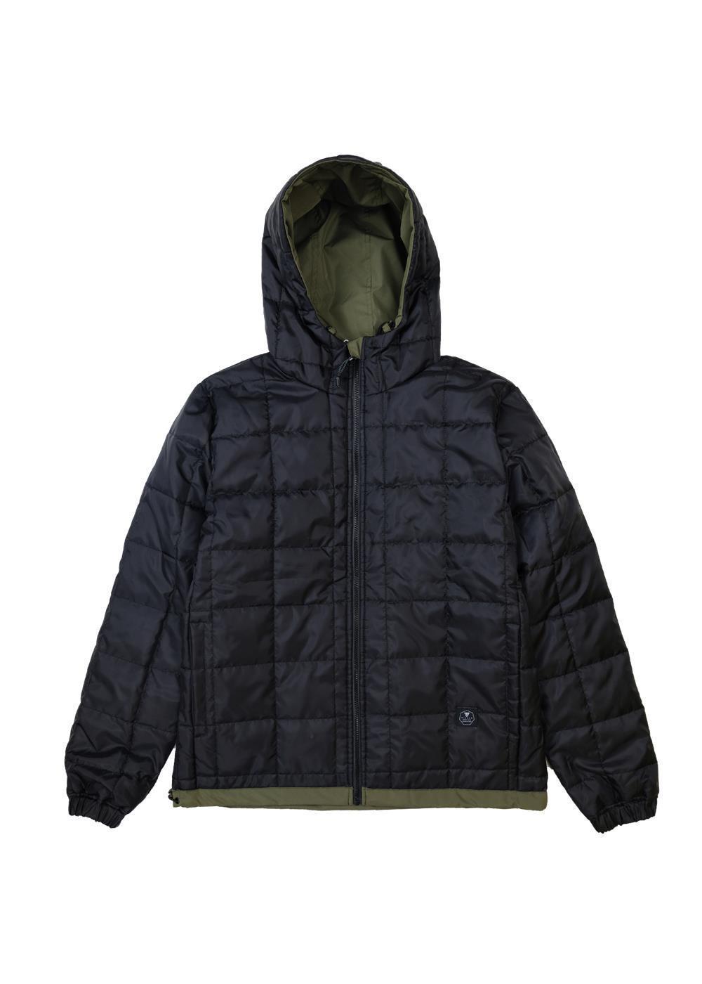 Vissla Kanen Reversible Jacket in dark navy quilted polyester, with hood, front zipper, and olive-green lining and hem.