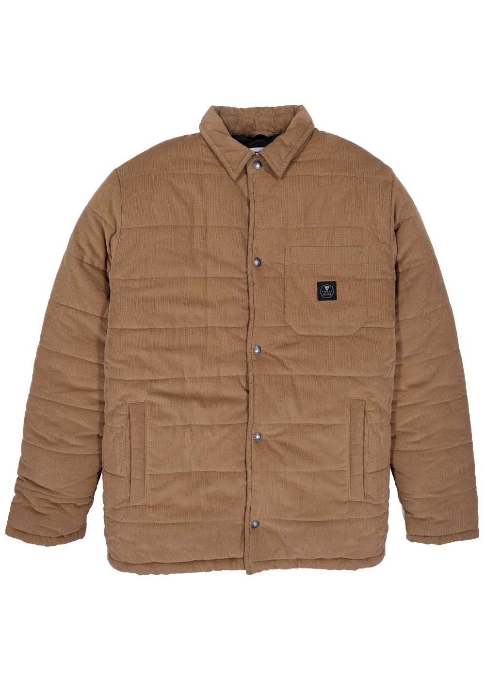 Vissla Paxon Jacket in tan corduroy, featuring horizontal quilted padding, a button-front closure and chest pocket with logo label.