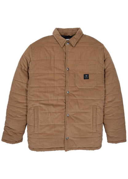 Vissla Paxon Jacket in tan corduroy, featuring horizontal quilted padding, a button-front closure and chest pocket with logo label.