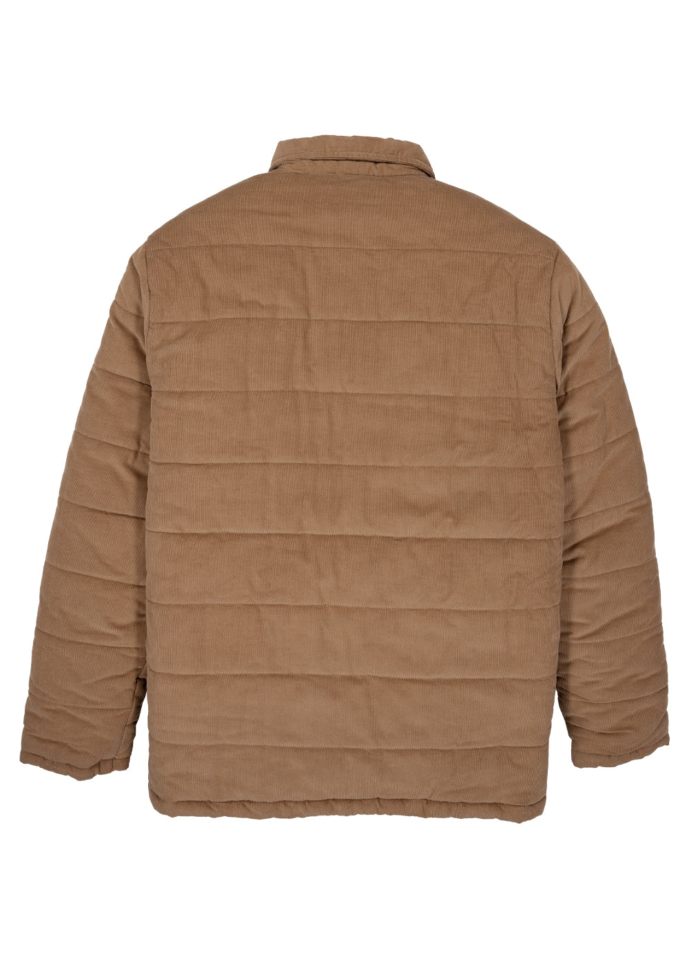 Vissla Paxon Jacket in brown corduroy, with horizontal quilted padding, long sleeves and a folded collar.
