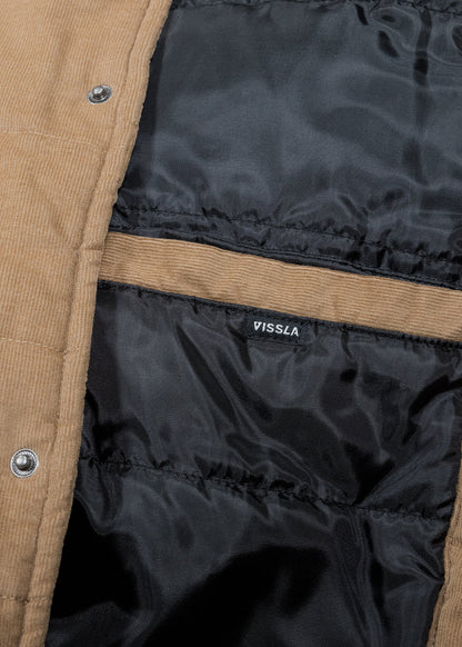 Vissla Paxon Jacket, tan corduroy puffer with black quilted lining and a small Vissla label inside.