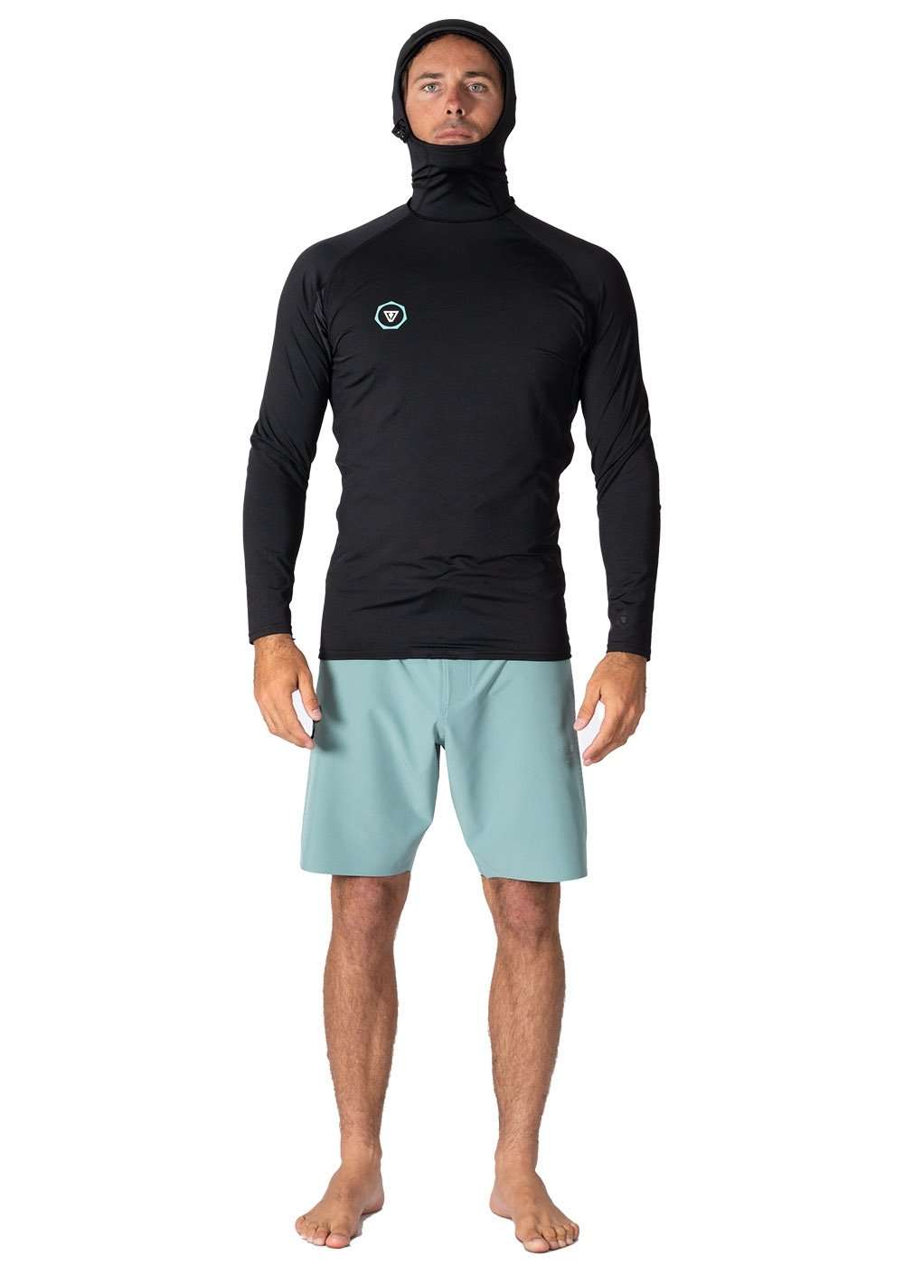 Vissla Warm Seas hooded rash guard in black recycled stretch fabric, with long sleeves, high collar and fitted hood.