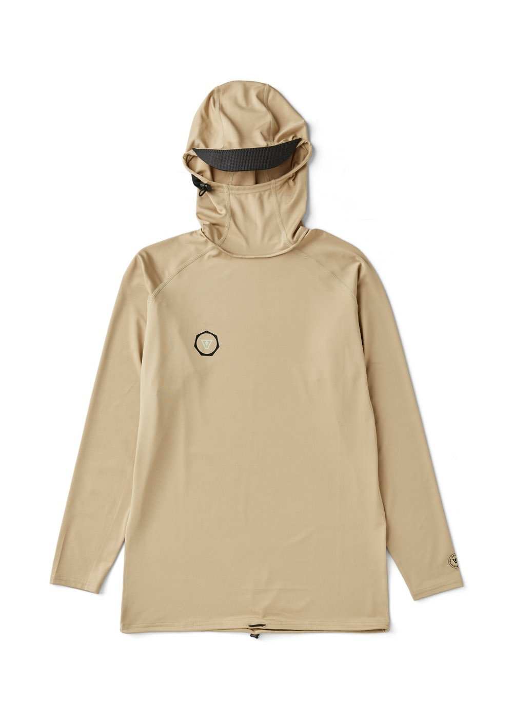 Vissla Warm Seas hooded lycra shirt in sand beige recycled stretch fabric, with long sleeves and a built-in hood.