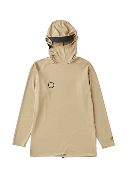 Vissla Warm Seas hooded lycra shirt in sand beige recycled stretch fabric, with long sleeves and a built-in hood.