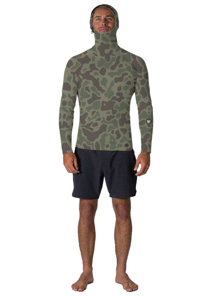 Vissla Warm Seas hooded lycra rash guard in olive green recycled stretch fabric with a dark camouflage print and three-panel hood.