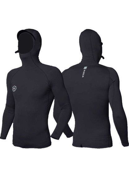 Vissla Warm Seas hooded lycra in solid black stretch fabric, with a fitted long-sleeve design and three-panel hood.
