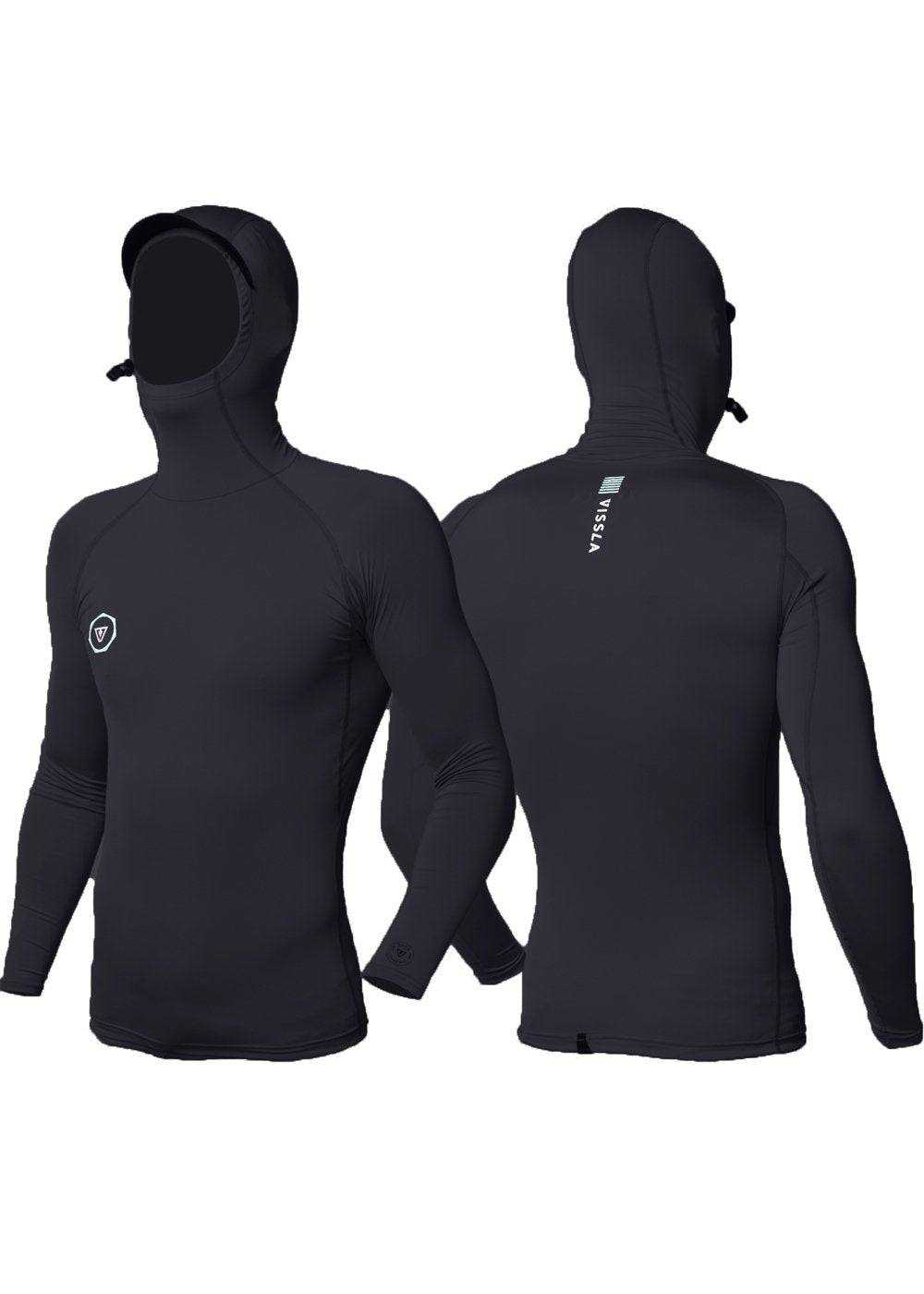 Vissla Warm Seas hooded lycra in solid black stretch fabric, with long sleeves, a face-covering hood and subtle chest logo.