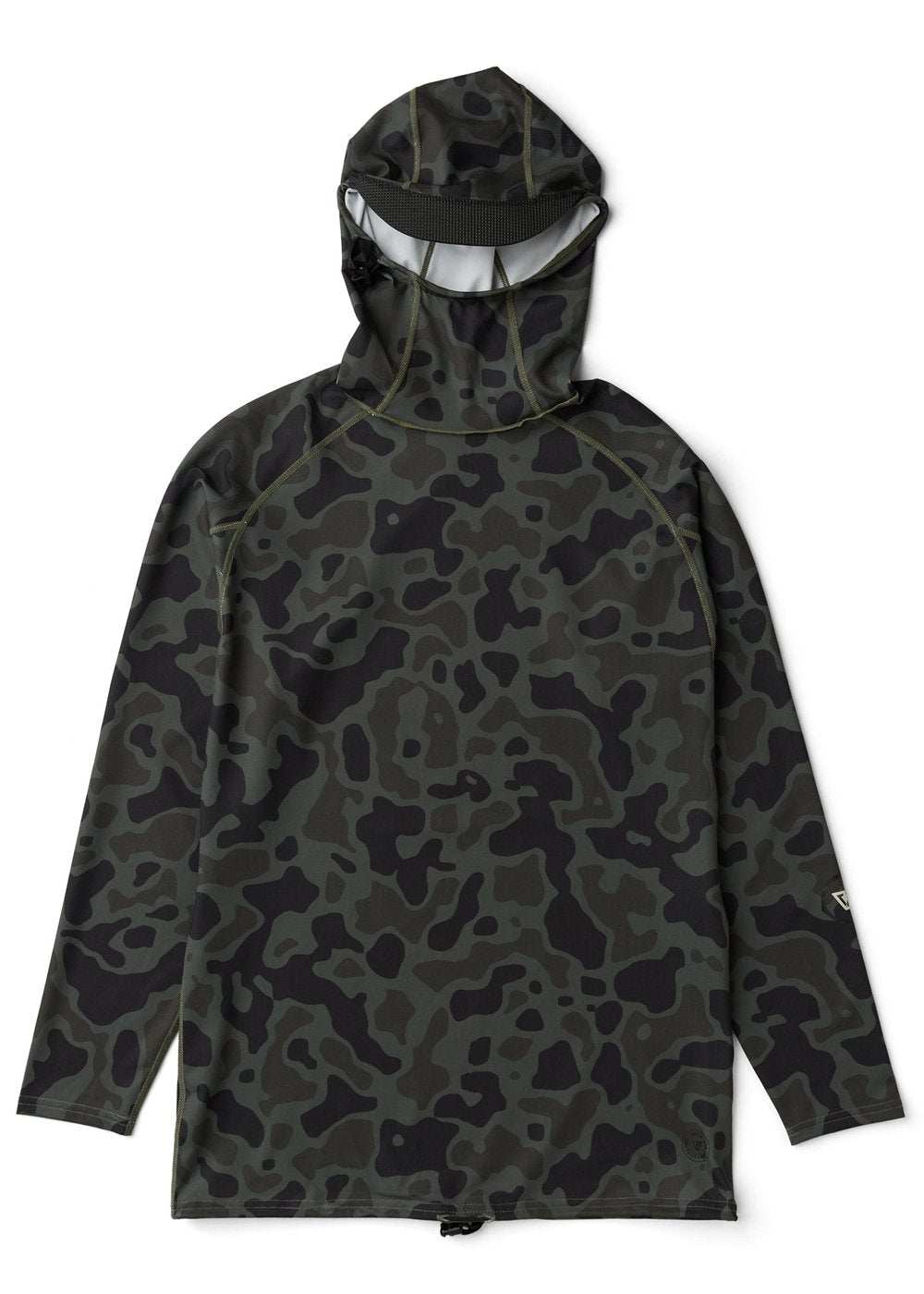 Vissla Warm Seas hooded lycra rash guard in dark green and black camouflage print, with long sleeves and a three-panel hood.