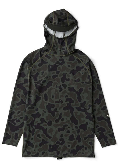 Vissla Warm Seas hooded lycra rash guard in dark green and black camouflage print, with long sleeves and a three-panel hood.