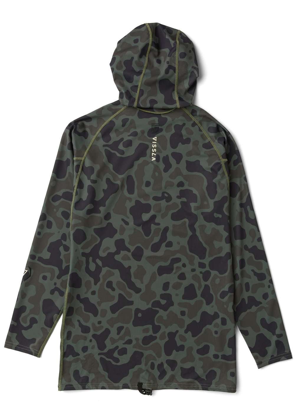 Hooded Vissla Warm Seas rash guard in stretchy recycled fabric with a dark green and black camouflage print and long sleeves.