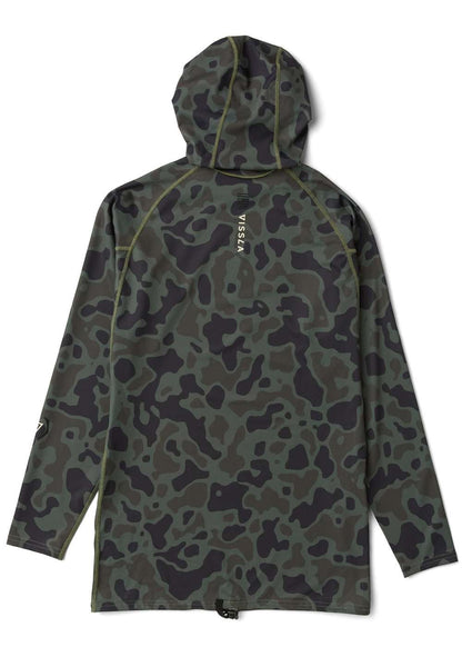 Hooded Vissla Warm Seas rash guard in stretchy recycled fabric, featuring an allover dark green and black camouflage pattern.