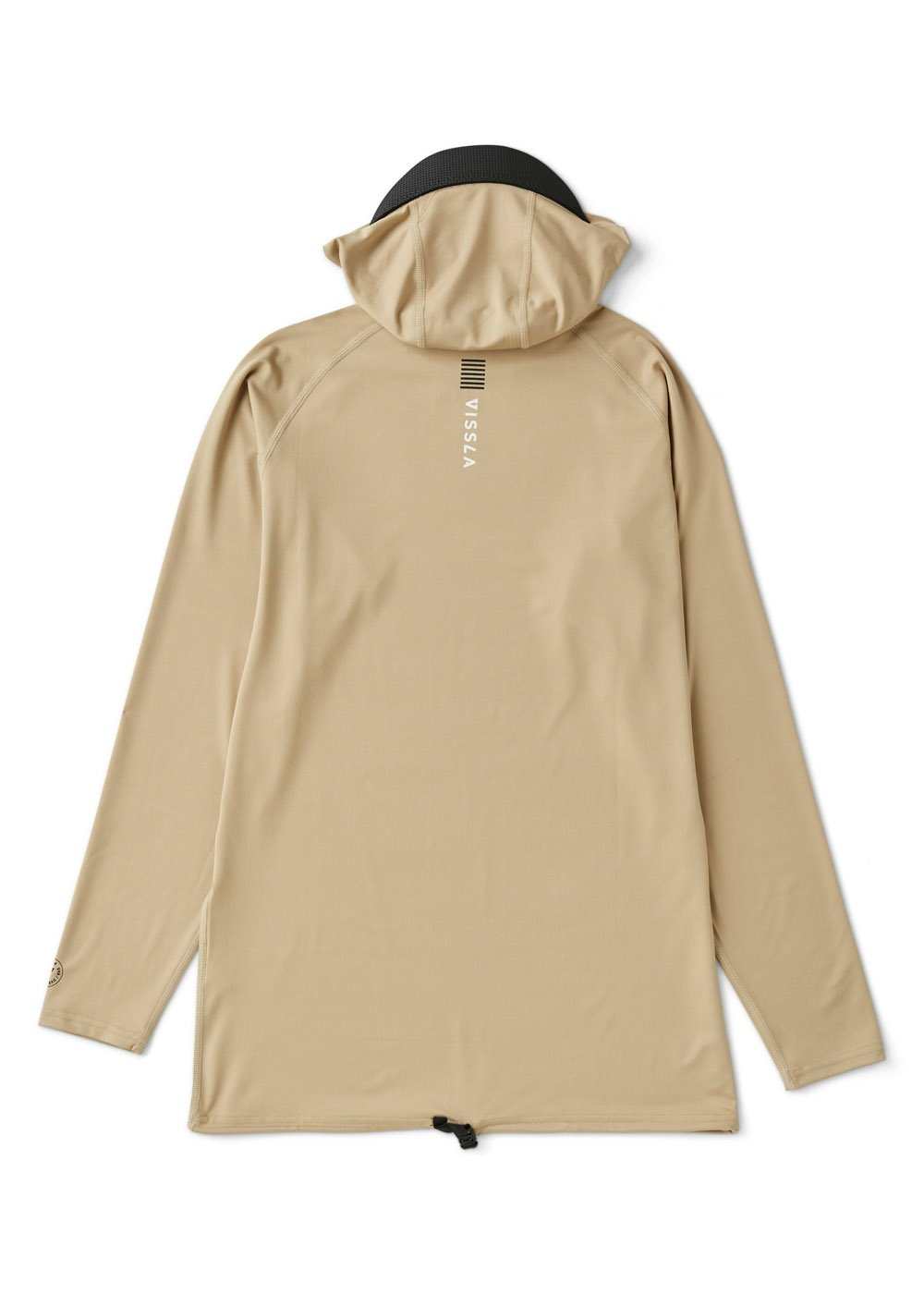Hooded Vissla Warm Seas lycra in sand beige recycled stretch fabric, with long sleeves and a three-panel hood.