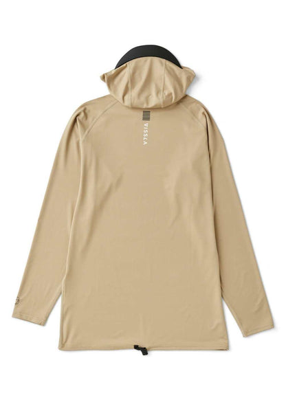 Hooded Vissla Warm Seas lycra in sand beige recycled stretch fabric, with long sleeves and a three-panel hood.