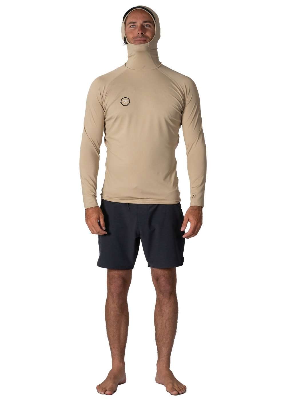 Vissla Warm Seas hooded rash guard in solid sand beige stretch fabric, with long sleeves, a fitted neck and attached hood.