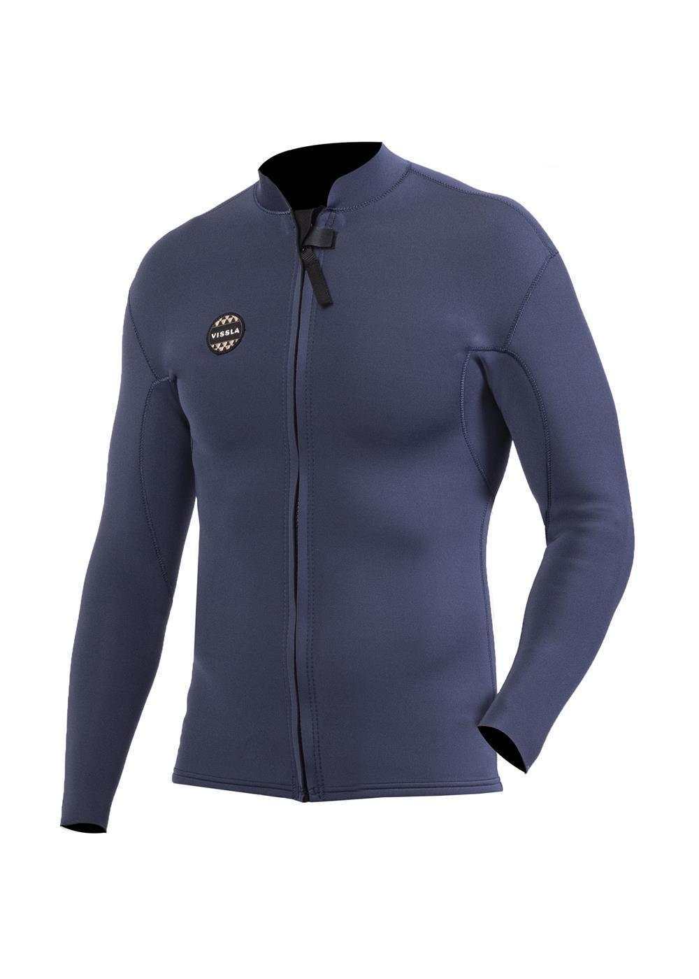 Vissla Solid Sets front zip wetsuit jacket in dark blue neoprene with long sleeves and a fitted design