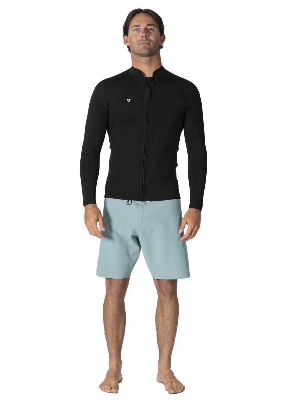 Black neoprene long sleeve wetsuit jacket with front zipper, slim fit and minimal logo, part of Vissla Solid Sets collection