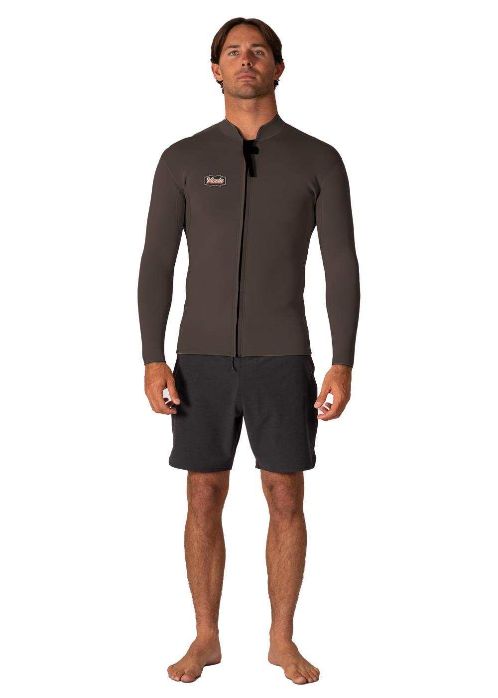 Vissla Solid Sets 2mm front zip wetsuit jacket in dark brown neoprene with long sleeves and sleek fitted design