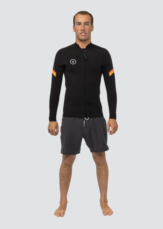 Vissla Raditude 2mm wetsuit jacket in black neoprene with front zipper, orange and yellow arm accents, and logo on chest