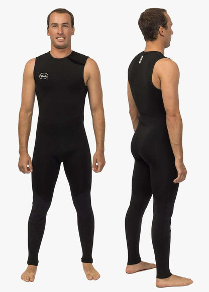 Vissla 7 Seas black long john wetsuit made of stretch neoprene with sleeveless design and velcro shoulder entry for ease.