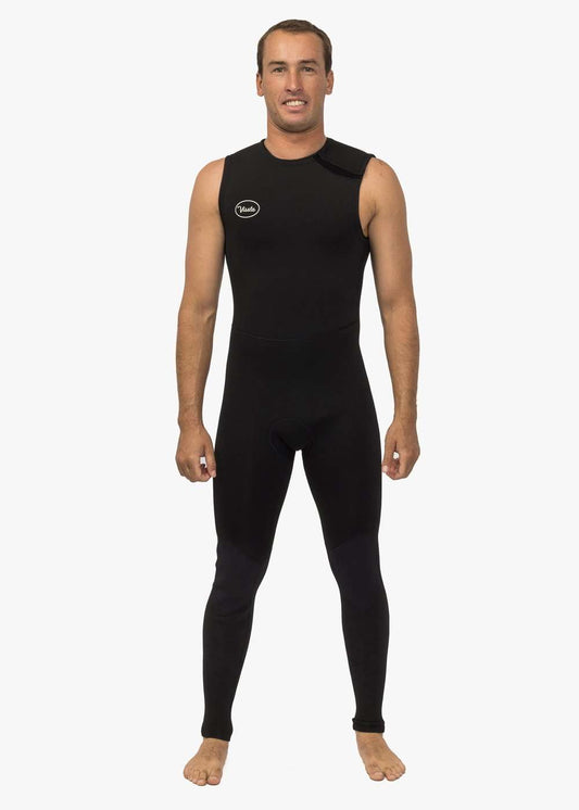 Vissla 7 Seas black sleeveless Long John wetsuit with velcro shoulder entry, made of neoprene and nylon blend