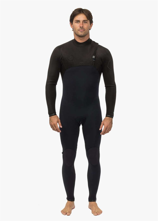 Vissla High Seas II full wetsuit in black with no zipper, featuring a smooth neoprene material and reinforced knee pads for durability.