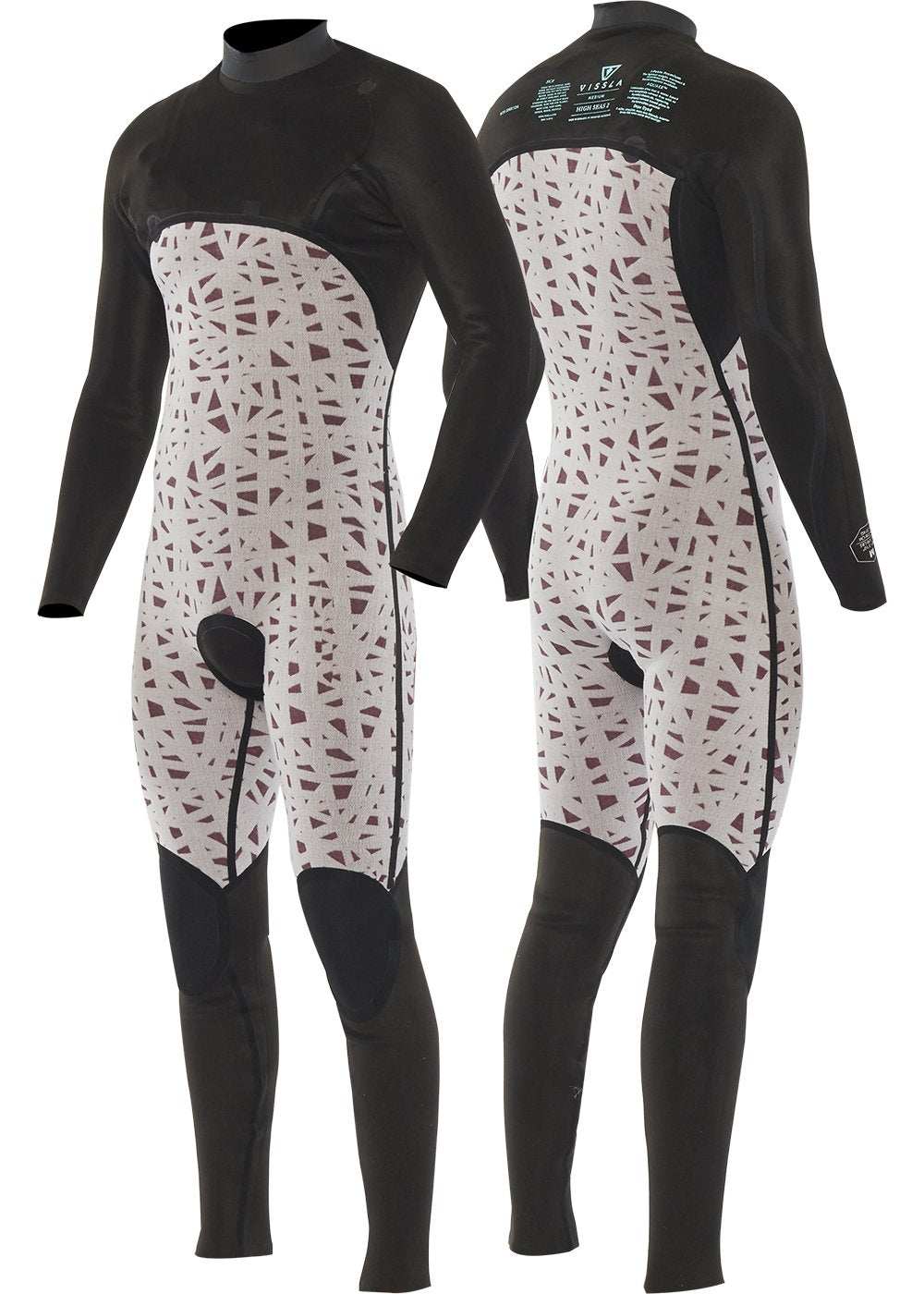Vissla High Seas II wetsuit in black and white with abstract pattern, made of stretchy neoprene for warmth and flexibility.