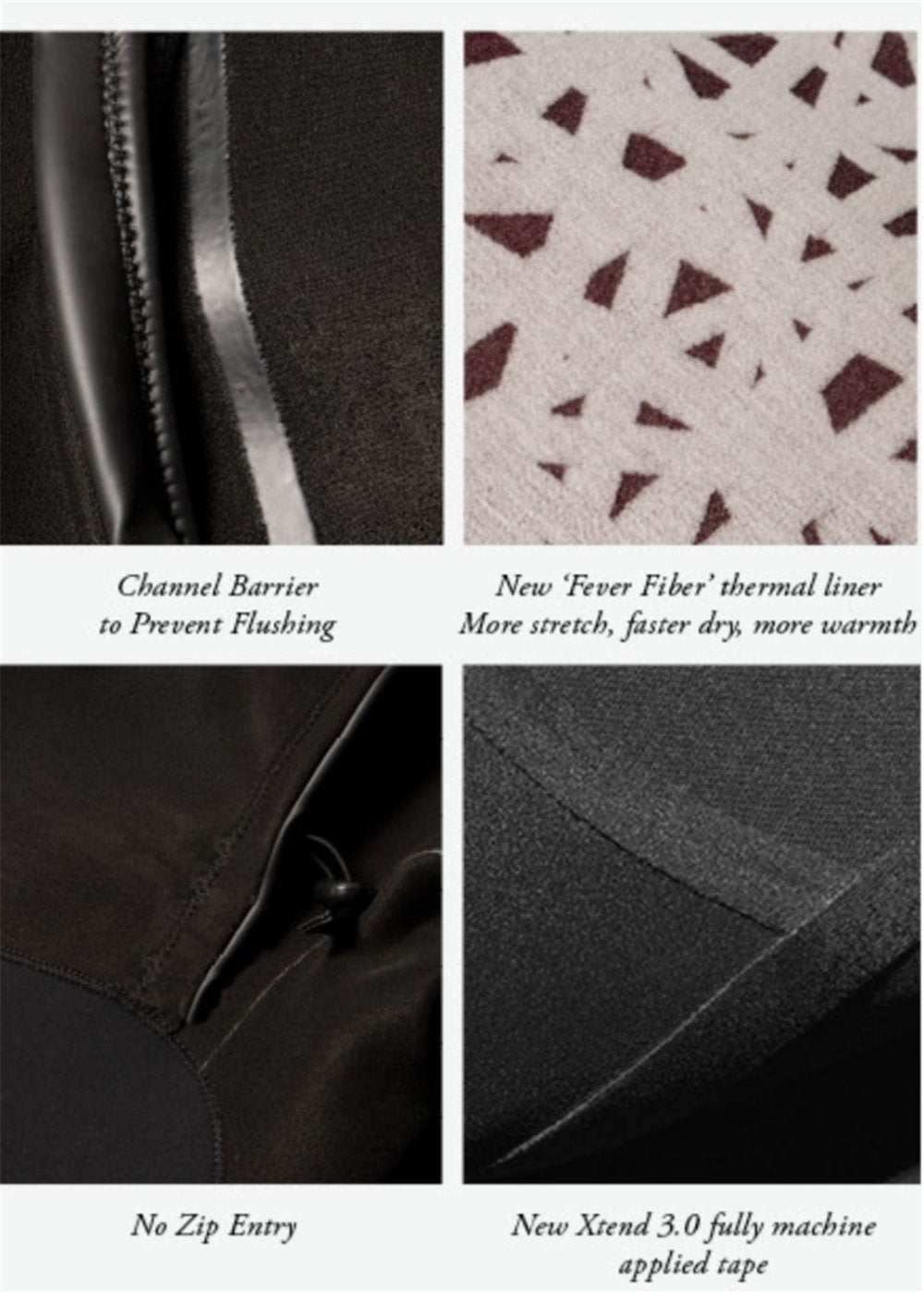 Close-up details of the black neoprene Vissla High Seas II wetsuit showing channel barrier, thermal liner, zipperless entry, and adhesive tape seams.
