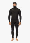 Full-body black neoprene wetsuit with hood, smooth texture and streamlined fit designed for cold water; Vissla New Seas model.