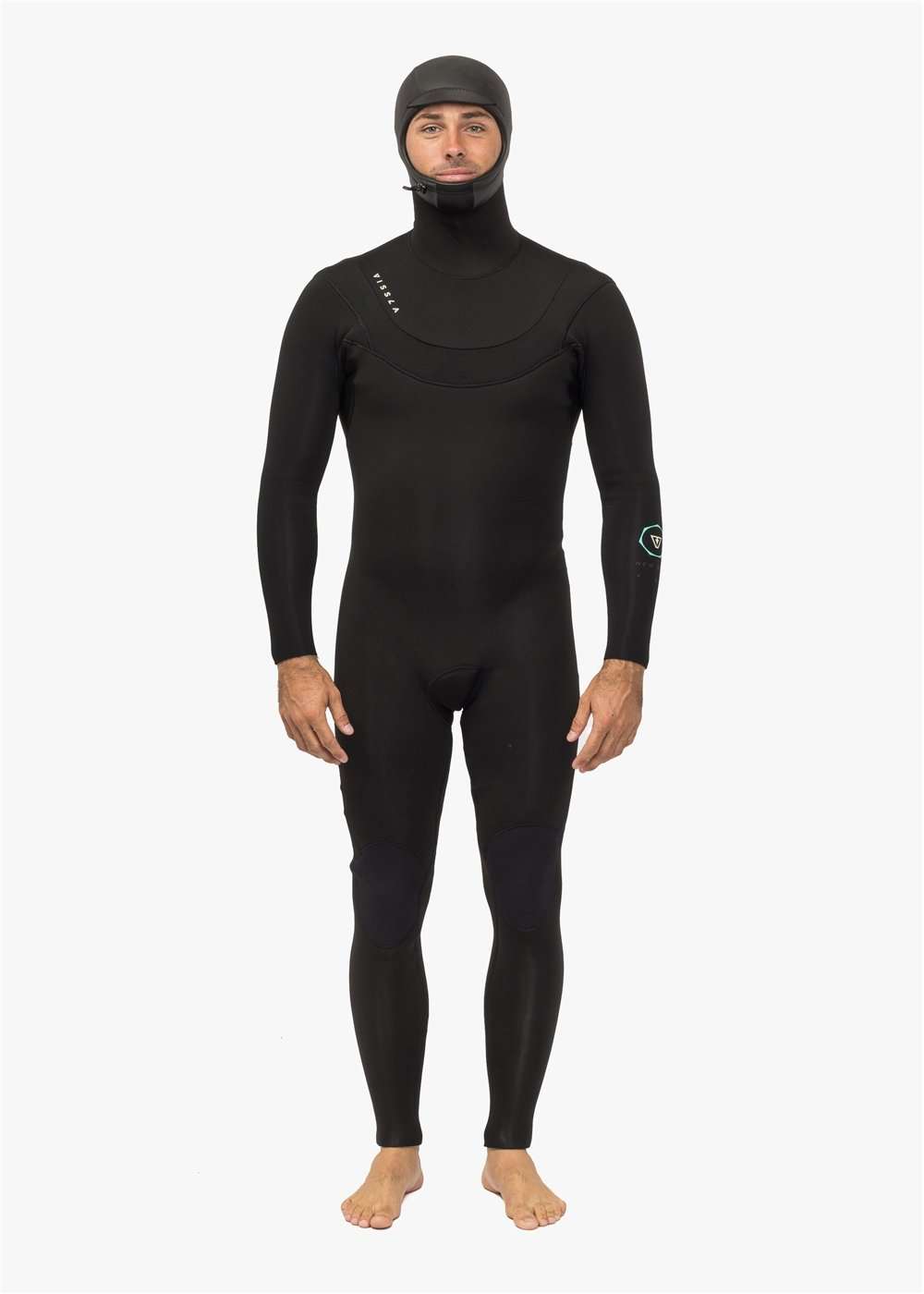 Full-body black neoprene wetsuit with hood, smooth texture and streamlined fit designed for cold water; Vissla New Seas model.