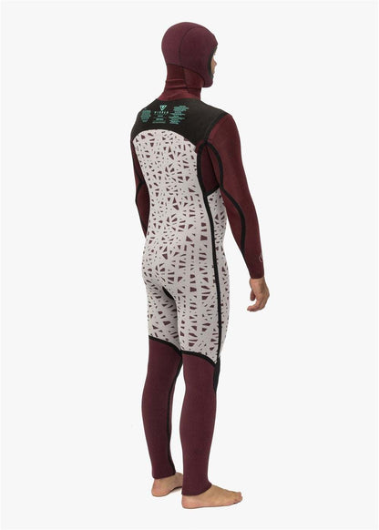 Vissla New Seas hooded wetsuit in burgundy and patterned white neoprene with black accents, featuring full-body coverage and a back zipper closure.