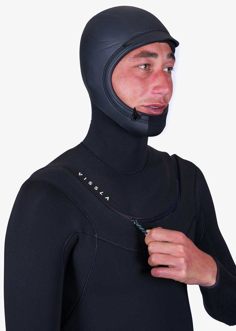 Vissla New Seas black hooded wetsuit with smooth neoprene, chest u-zip closure, and sleek minimalist design