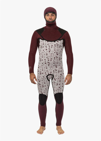 Full-body hooded wetsuit in burgundy and light grey with black abstract pattern and reinforced knee pads, featuring a slim fit and Vissla New Seas design.
