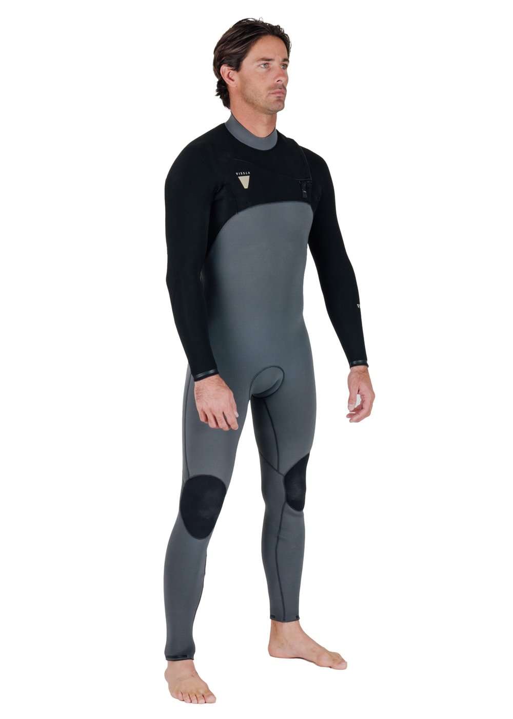 Vissla Natural Seas full chest zip wetsuit in black and grey with long sleeves, knee pads, and tailored fit design