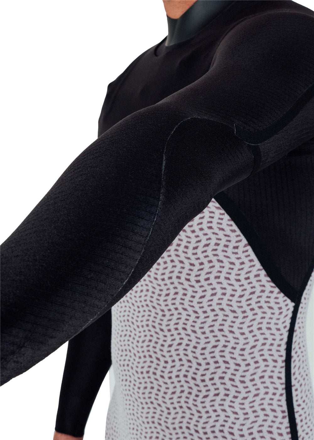 Vissla Natural Seas wetsuit with black sleeves and patterned white and purple torso, featuring full chest zip and contoured seams