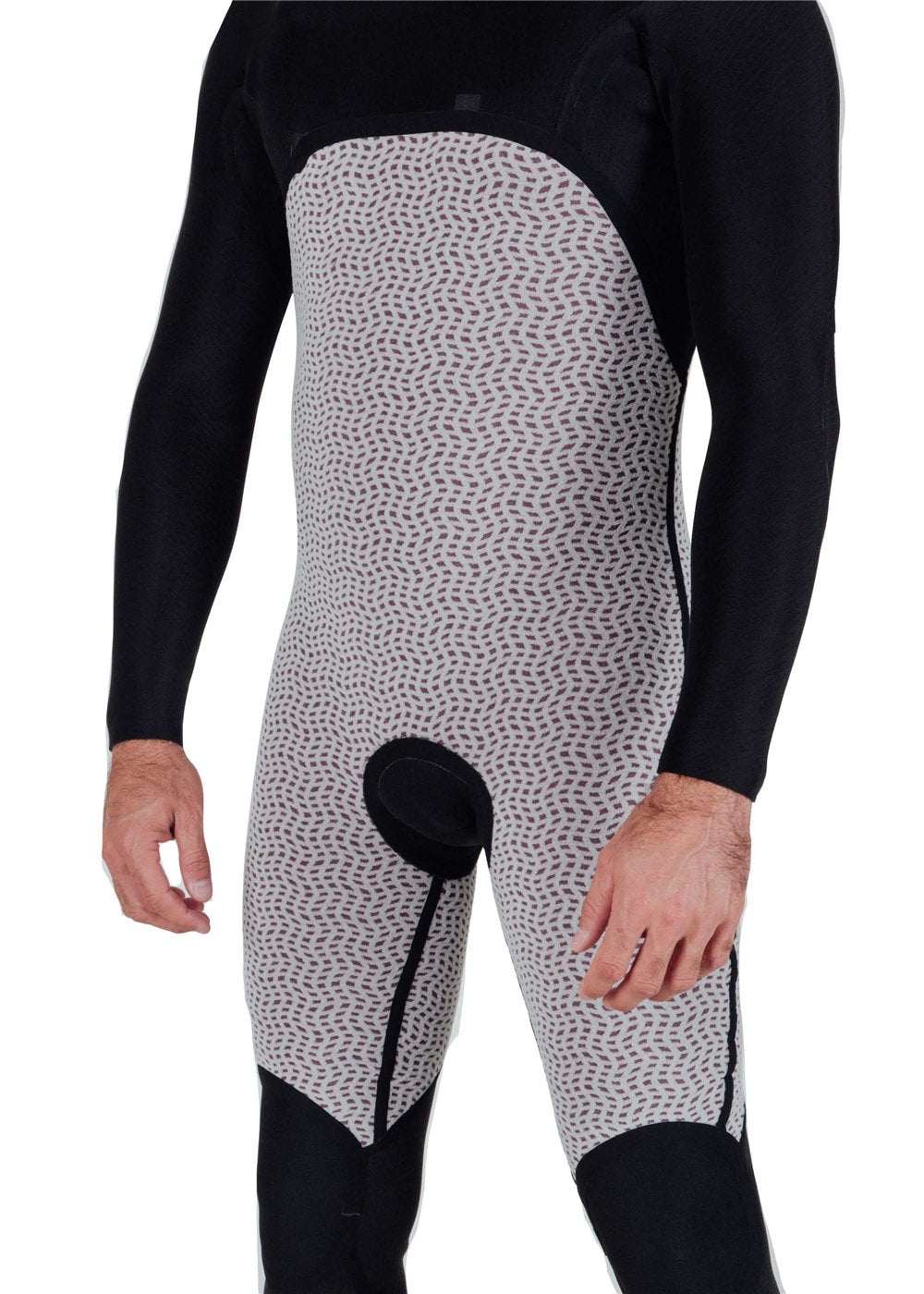 Vissla Natural Seas full wetsuit featuring black neoprene sleeves and legs with patterned grey chest and thigh panels and chest zip closure