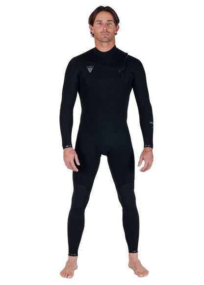 Vissla Natural Seas black full chest zip wetsuit with long sleeves, knee pads, and contoured fit for warmth and flexibility