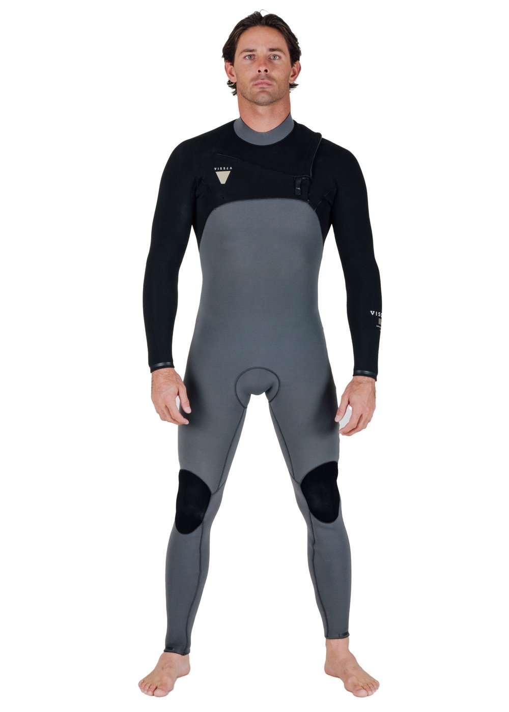 Vissla Natural Seas full chest zip wetsuit in black and grey with knee pads and chest zipper, tailored fit and stretch material.