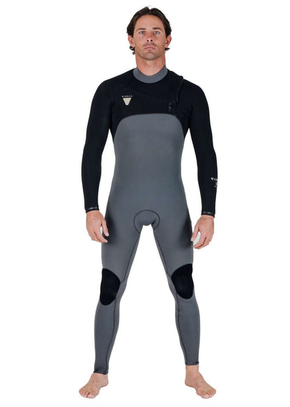 Vissla Natural Seas full chest zip wetsuit in black and grey with knee pads and chest zipper, tailored fit and stretch material.